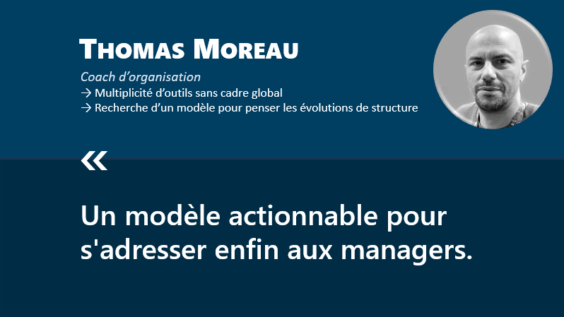 Témoignage de Thomas Moreau, coach d'organisation : 'Un modèle actionnable pour s'adresser enfin aux managers.' Contexte : multiplicité d’outils sans cadre global, recherche d’un modèle pour penser les évolutions de structure. Portrait de Thomas Moreau.